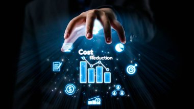 A professional hand gesture reaching toward floating symbols of cost reduction, financial management, and growth metrics, representing modern business strategy and efficiency. Qubit