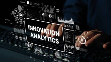 Hands on Keyboard with Digital Display Showing Innovation Analytics in Technology and Data Visualization Concept. Asymptotic smart data analytic.