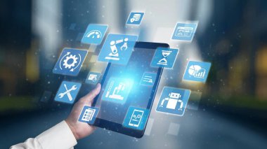 Predictive maintenance icons for industry, automation, smart factory and manufacturing showing data analysis, monitoring, robotics and system optimization with advanced maintenance solutions. Gist