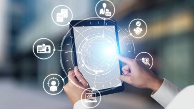 Job search icons show recruitment, HR management, and employee career growth. Job search helps organizations hire talent, job search supports skills, and job search improves workforce. Gist