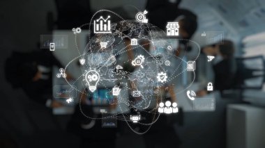 Aerial view of a modern office space showcasing a network of digital icons representing global business, communication, and technology in collaboration and strategy settings. Raster