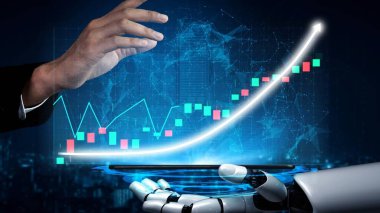 A robotic hand interacts with a digital stock market interface, showcasing futuristic technology and investment growth trends in a visually engaging manner. Copula