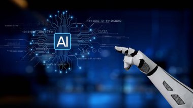 A robotic hand reaches toward an AI interface filled with digital data, representing advancements in technology and innovation in the field of artificial intelligence. Synapse