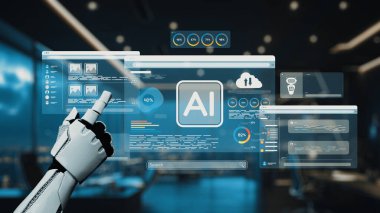 Robotik bir el, modern ofis ortamında yenilik ve teknolojiyi yansıtan yapay zeka analizlerini gösteren fütüristik bir dijital arayüzle sorunsuzca etkileşime girer. Auvana