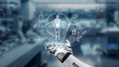 İnsan anatomisi hologramının yüzdüğü bir avuç içi açık robot eli kapat. Robot el, tanı koymak için veriye erişip bağlantı kurarken x ışını hologramını sunuyor. Sağlıklı..