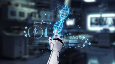 Tıbbi verilere ya da teşhis semptomlarına erişmek için robot ellerle DNA hologramına tıklayın. Yapay zeka semptomları analiz ederken genetik simülasyonda robot el kontrolü. Sağlıklı..