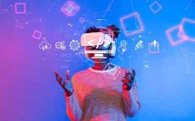 Explore a captivating scene of a creative individual immersed in virtual reality, surrounded by coding elements and tech visuals that represent the future of programming. XDMCP