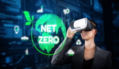 Bir iş kadını, net sıfır karbon emisyonunun ve iklim değişikliğiyle mücadele ve çevreyi koruma için sürdürülebilir enerji çözümlerinin etkisini görselleştirmek için sanal gerçeklikle uğraşır. XDMCP