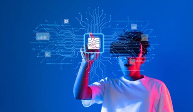 Genç bir insan sanal gerçeklik kulaklığı ile etkileşime giriyor, bir devre kartı ve yapay zeka verilerini keşfediyor, canlı mavi ve kırmızı bir arkaplanda, yenilik ve teknolojiyi sembolize ediyor. XDMCP