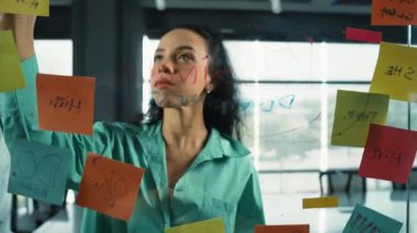 Zeki, profesyonel İspanyol iş kadınının portresi renkli yapışkan notlarla cam tahtaya pazarlama fikirleri yazıyor. Genç yönetici, analiz iş planının zihin haritasını çiziyor. - Yakın çekim. Yönlendirici.