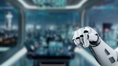 A robotic hand reaches to interact with an email interface in a sleek, futuristic office. This video captures the essence of technology and digital communication in a modern workspace. Auvana