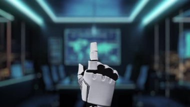 A robotic hand is engaging with an advanced AI interface within a contemporary office environment, showcasing futuristic interactions and digital communication elements. Auvana