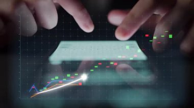 Two hands interact with a vibrant digital graph, showcasing an upward trend in financial growth. This image symbolizes business success and analytics in a modern environment. Copula