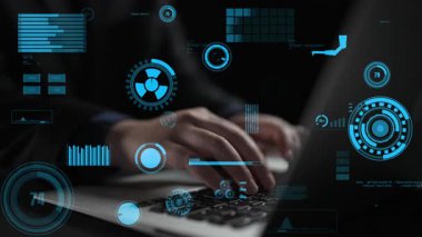 A visually engaging composition showcasing a laptop with a person hand and vibrant blue digital graphics, representing technology, data analysis, and innovation in a modern workspace. Xenic