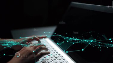 Innovative data analysis concept featuring hands typing on a laptop surrounded by digital charts and graphs illustrating business metrics and performance insights. Xenic