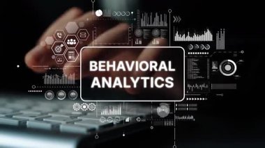 Hands Typing on Keyboard with Behavioral Analytics Graphics in Background for Data Analysis and Technology Themes. Asymptotic smart data analytic.