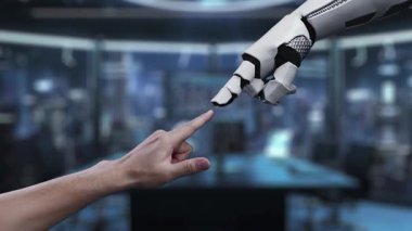 A robotic hand reaches towards glowing currency symbols above a digital world map, showcasing the intersection of technology and global finance in a modern workspace. Auvana