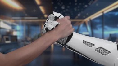 A human hand reaches out to a robotic hand amidst digital symbols representing collaboration and technology. This video highlights innovation and connectivity in modern workplaces. Auvana