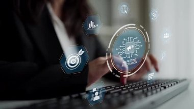 Pazarlama otomasyon diyagramı sunumu yapay zeka odaklı kampanya iş akışı, pazarlama otomasyonu, veri odaklı strateji, pazarlama otomasyon araçları ve iş dünyasında piyasa otomasyon süreci. Muxer