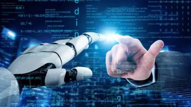 A human hand reaches out to connect with a robotic hand in a high-tech setting filled with digital data and code, symbolizing the collaboration between humans and technology. Xenic