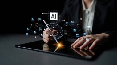 Yapay zekayı beyin yapısı, çip ve bağlı veri bloklarını hesaplama ve öğrenme için görselleştiren yapay zeka ve veri işleme sistemi