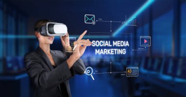 A professional woman using virtual reality technology to interact with social media marketing concepts in a modern workspace, showcasing data analytics and engagement strategies. XDMCP