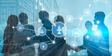 Business professionals participate in a digital collaboration while engaging in a handshake, symbolizing partnership and innovation in a modern business landscape. Tessel