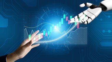 A captivating image showcasing the interaction between a human hand and a robotic hand in a digital financial environment, symbolizing collaboration and innovation. Impute