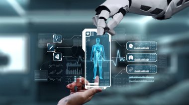 Robot ve insan eliyle insan anatomisi ikonunu işaret ediyor. Robot el ve insanın birlikte çalışırken röntgen hologramıyla bulanık labaratuvarı işaret etmesine yakın çekim. Sağlıklı..