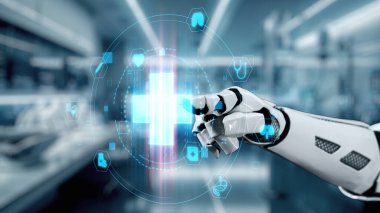 Robotik el işaretini kapat ve bulanık laboratuvar geçmişine sahip çapraz holograma dokun. Tıbbi verilere erişmek ve onları teşhis etmek için robot el tıklaması. Sağlıklı..