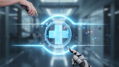 Robot ve insan elini uzatıyor ve yüzen tıbbi haç ikonu ile parmağıyla işaret ediyor. Laboratuvar geçmişini işaret ederken robot eller ve insanların birlikte çalışması yakın plan. Sağlıklı..