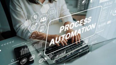 Professional Hands Typing on Laptop with Digital Process Automation Graphics for Business Efficiency and Innovation. Asymptotic smart data analytic.