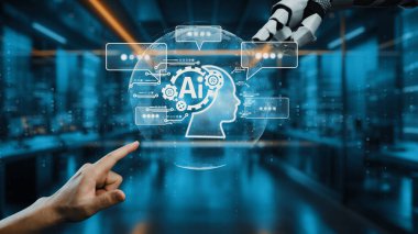 Bu görüntü, yapay zeka alanındaki insan ve robot elementler arasındaki yüksek teknolojili canlı bir atmosferi betimleyen etkileşimi gösteriyor. Auvana