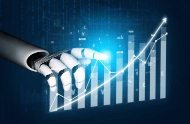 A robotic hand reaches toward glowing data charts, illustrating growth and analytics in a modern digital space. Explore the intersection of technology and finance. Impute