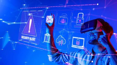 A male user engages with a virtual reality system that highlights cybersecurity alerts and digital interactions, showcasing innovation in the tech world and promoting safety awareness. Raster