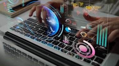 Dünya çapında dijital iletişimi, veri alışverişini ve internet bağlantısını gösteren yüksek teknolojili küresel ağ bağlantı arayüzü. Küresel bağlantı, veri etkileşimi ve dünya çapında iletişim. Thunk