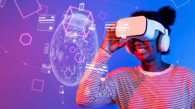 A joyful woman interacts with virtual reality technology, showcasing her smile while a digital overlay illustrates connections in a vibrant and colorful environment. Raster