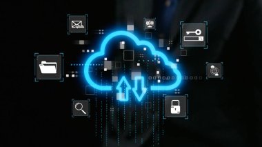 This digital illustration features a cloud icon representing technology, synchronization, and data security. Various connected icons surround the cloud, highlighting modern digital concepts. Qubit