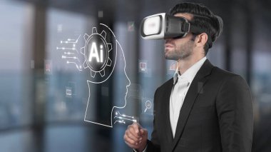 A businessman wearing a virtual reality headset explores artificial intelligence concepts in a sleek office setting, showcasing the future of technology and innovation. Raster