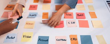 Projelerin planlanması ve beyin fırtınasının vurgulanması için renkli yapışkan notlarla oluşturulmuş ve işbirlikçi bir takım oturumunu gözler önüne seren canlı bir ofis. SACTR