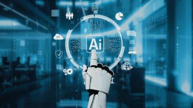 Robotik bir el, düzgün bir ofis ortamında veri odaklı grafikler ve modern dijital simgelerle çevrili yapay zeka arayüzü ile bağlantı kurar. Auvana