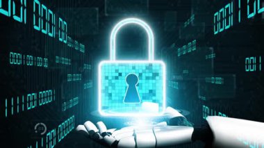 A futuristic robot hand presents a glowing digital padlock against a backdrop of data analytics, symbolizing the importance of cyber security and data protection. Xenic