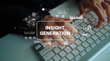 Business Professional Engaging in Data Analysis and Insight Generation with Computer Keyboard and Digital Graphics Overlay. Asymptotic smart data analytic.